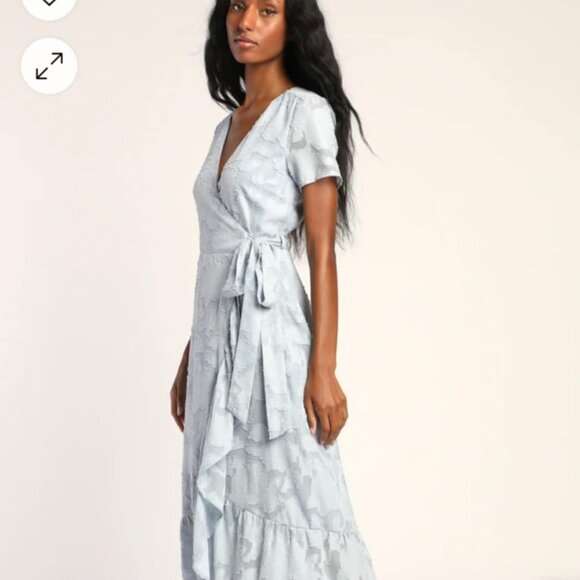 Lulu's Light Blue Jacquard Midi Wrap Dress - Picture 4 of 5